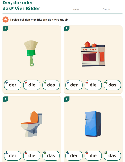Vorschau: Der, die, das-Arbeitsblatt mit Rund ums Haus für Kindergarten
