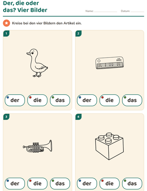 Vorschau: Der, die, das-Arbeitsblatt mit Spielzeug SW 2 für Kindergarten