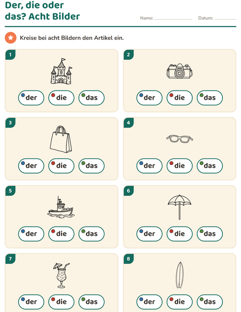 Vorschau: Der, die, das-Arbeitsblatt mit Strand SW 2 für Kindergarten