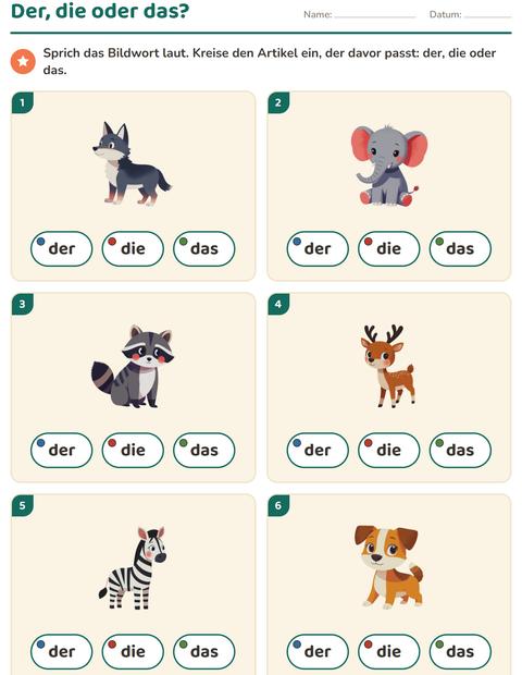 Vorschau: Der, die, das-Arbeitsblatt mit Tiere für Kindergarten
