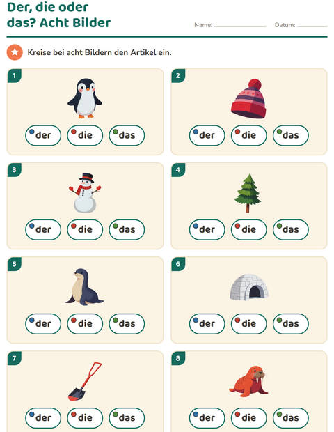Vorschau: Der, die, das-Arbeitsblatt mit Winter für Kindergarten