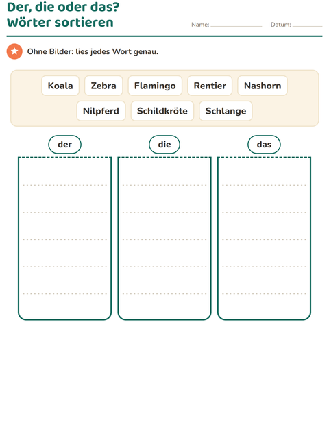Vorschau: Der, die, das-Arbeitsblatt mit Zootiere SW für 1. Klasse