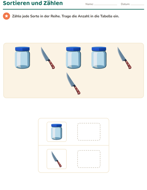 Vorschau: Diagramme und Daten-Arbeitsblatt mit Küchenwerkzeuge für 1. Klasse