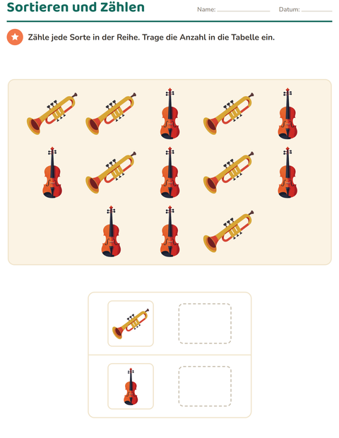 Vorschau: Diagramme und Daten-Arbeitsblatt mit Musik für 1. Klasse