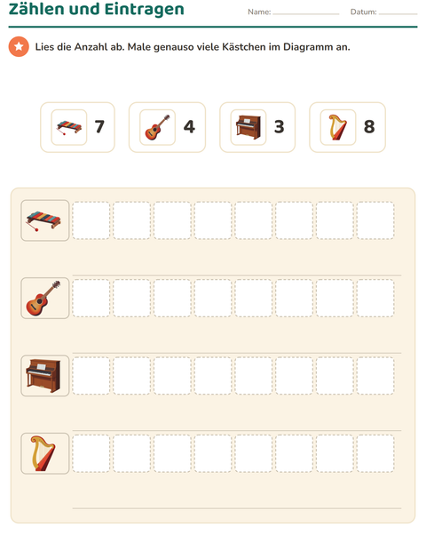 Vorschau: Diagramme und Daten-Arbeitsblatt mit Musik für 1. Klasse