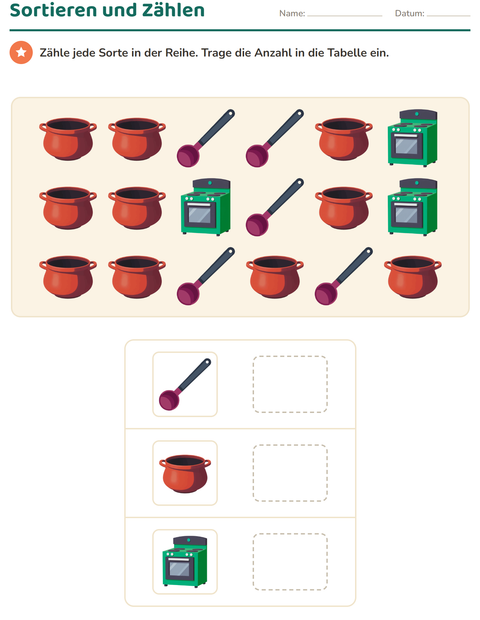 Vorschau: Diagramme und Daten-Arbeitsblatt mit Küchenwerkzeuge für 1. Klasse