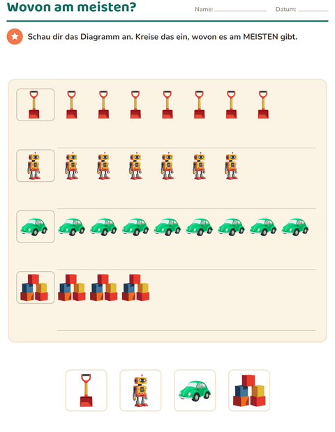 Vorschau: Diagramme und Daten-Arbeitsblatt mit Spielzeug für 1. Klasse