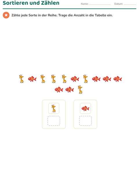 Vorschau: Diagramme und Daten-Arbeitsblatt mit Tiere für 1. Klasse