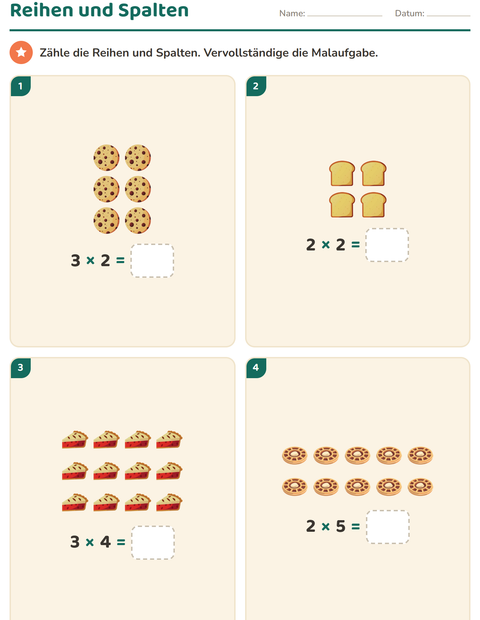 Vorschau: Erstes Einmaleins-Arbeitsblatt mit Bäckerei für 2. Klasse