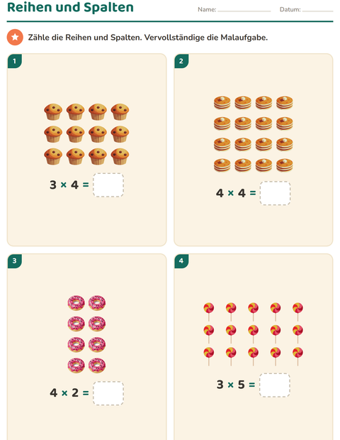 Vorschau: Erstes Einmaleins-Arbeitsblatt mit Desserts und Süßigkeiten für 2. Klasse