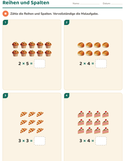 Vorschau: Erstes Einmaleins-Arbeitsblatt mit Bäckerei für 2. Klasse