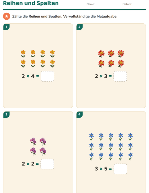 Vorschau: Erstes Einmaleins-Arbeitsblatt mit Blumen für 2. Klasse