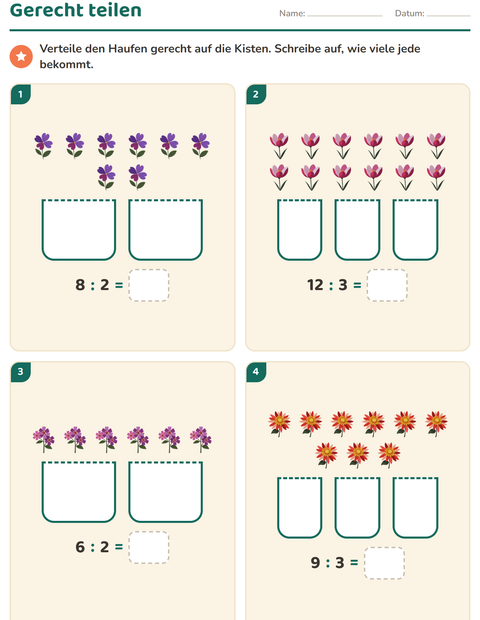 Vorschau: Erstes Einmaleins-Arbeitsblatt mit Blumen für 2. Klasse