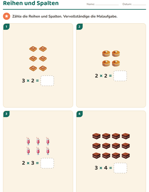 Vorschau: Erstes Einmaleins-Arbeitsblatt mit Desserts und Süßigkeiten für 2. Klasse