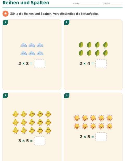 Vorschau: Erstes Einmaleins-Arbeitsblatt mit Frühling für 2. Klasse