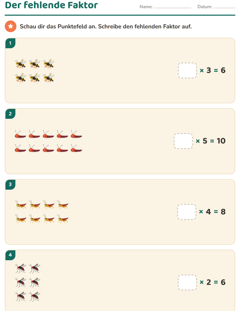 Vorschau: Erstes Einmaleins-Arbeitsblatt mit Insekten und Käfer für 3. Klasse