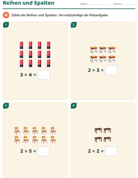 Vorschau: Erstes Einmaleins-Arbeitsblatt mit Klassenzimmer für 2. Klasse