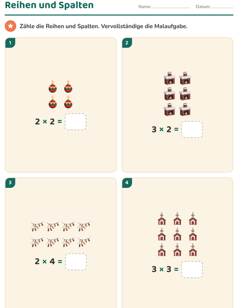 Vorschau: Erstes Einmaleins-Arbeitsblatt mit Weihnachten für 2. Klasse