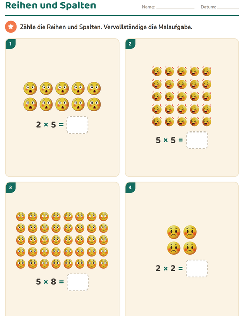 Vorschau: Erstes Einmaleins-Arbeitsblatt mit Emotionen für 2. Klasse