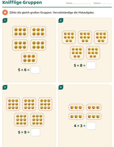 Vorschau: Erstes Einmaleins-Arbeitsblatt mit Emotionen für 3. Klasse