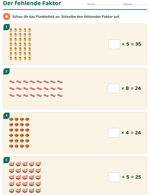 Vorschau: Erstes Einmaleins-Arbeitsblatt mit Frühstück für 3. Klasse