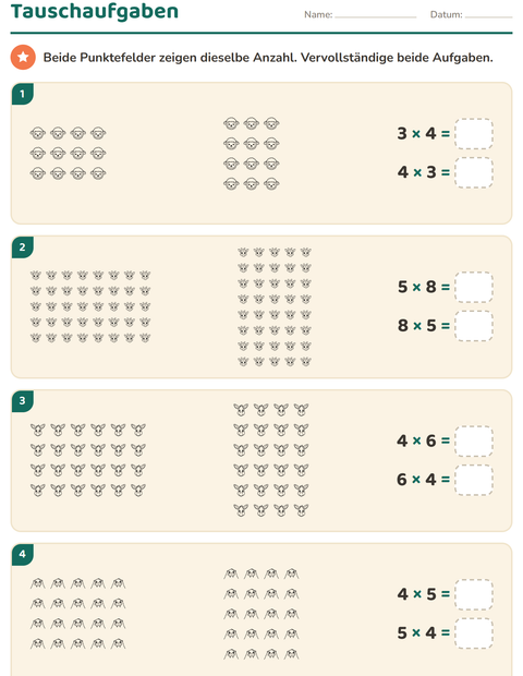 Vorschau: Erstes Einmaleins-Arbeitsblatt mit Gesichter SW für 3. Klasse