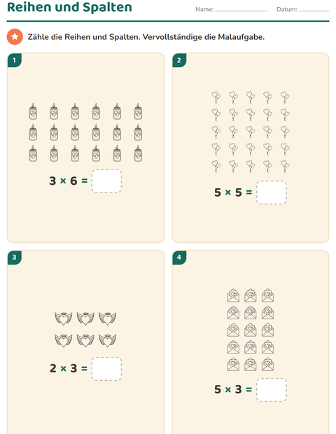 Vorschau: Erstes Einmaleins-Arbeitsblatt mit Valentinstag SW für 2. Klasse