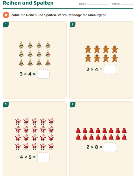 Vorschau: Erstes Einmaleins-Arbeitsblatt mit Weihnachten für 2. Klasse