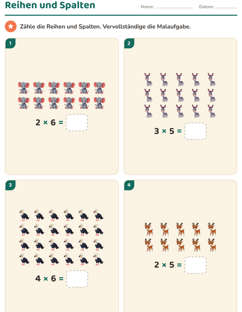 Vorschau: Erstes Einmaleins-Arbeitsblatt mit Tiere für 2. Klasse