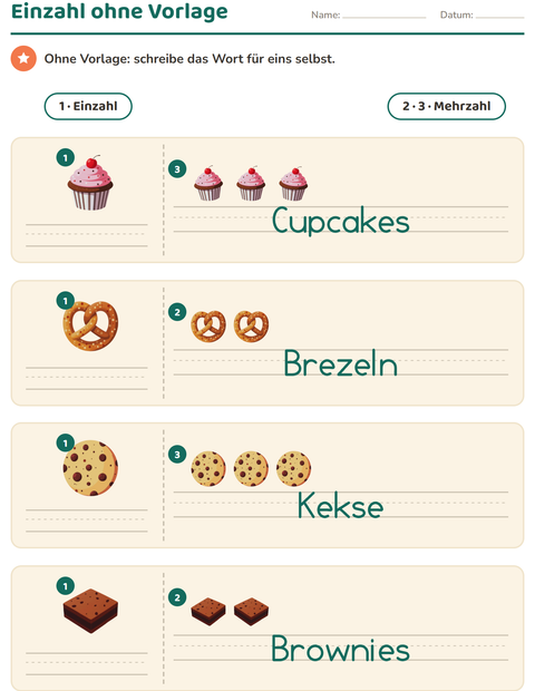 Vorschau: Einzahl und Mehrzahl-Arbeitsblatt mit Bäckerei für Kindergarten