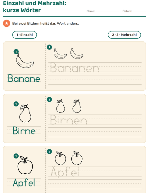 Vorschau: Einzahl und Mehrzahl-Arbeitsblatt mit Früchte SW für Kindergarten