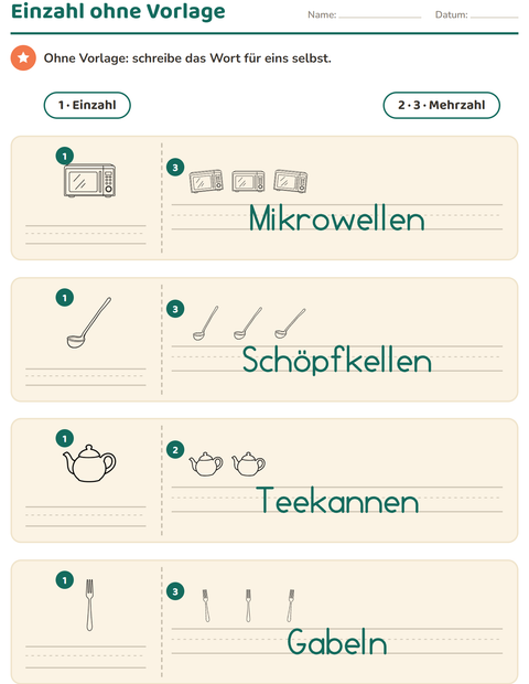 Vorschau: Einzahl und Mehrzahl-Arbeitsblatt mit Küche SW für Kindergarten
