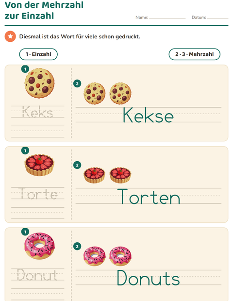 Vorschau: Einzahl und Mehrzahl-Arbeitsblatt mit Desserts und Süßigkeiten für Kindergarten