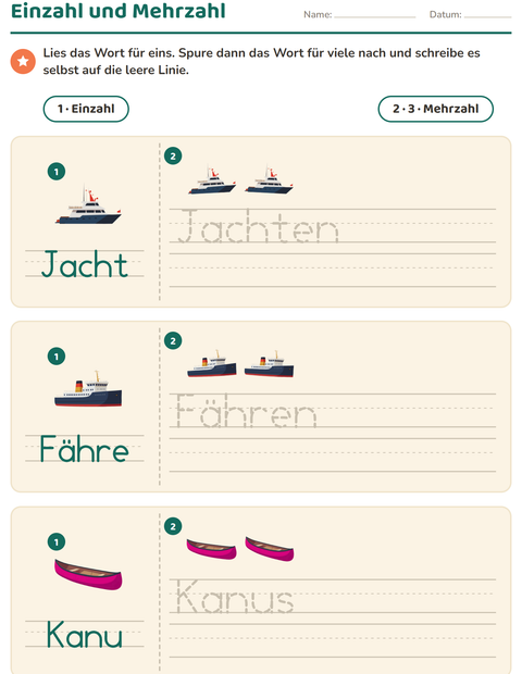 Vorschau: Einzahl und Mehrzahl-Arbeitsblatt mit Fahrzeuge für Kindergarten