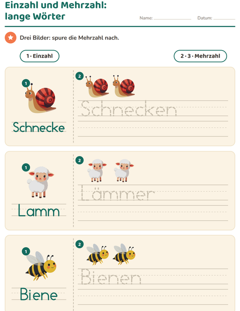 Vorschau: Einzahl und Mehrzahl-Arbeitsblatt mit Frühling für Kindergarten