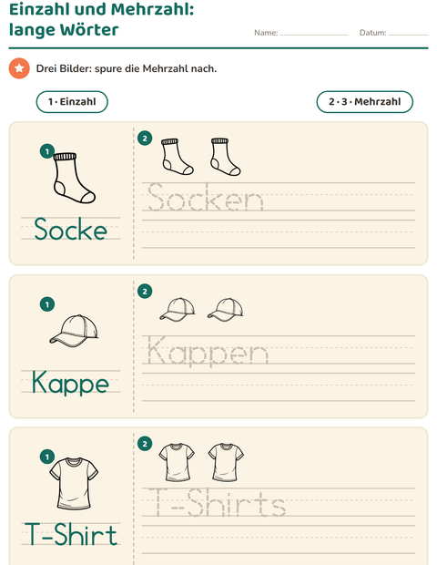 Vorschau: Einzahl und Mehrzahl-Arbeitsblatt mit Kleidung SW für Kindergarten