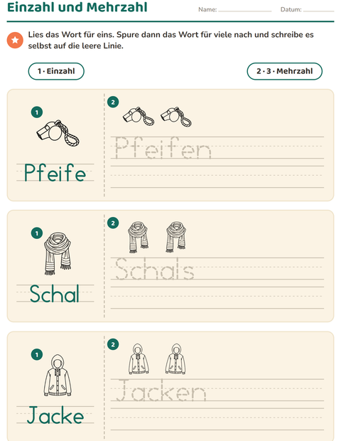 Vorschau: Einzahl und Mehrzahl-Arbeitsblatt mit Objekte SW für Kindergarten