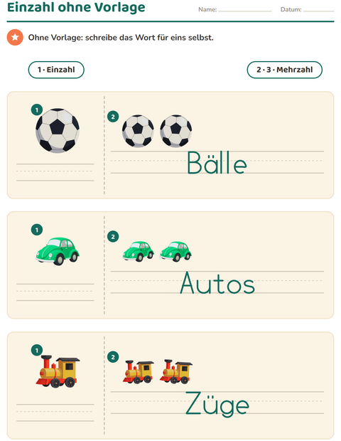 Vorschau: Einzahl und Mehrzahl-Arbeitsblatt mit Spielzeug für Kindergarten