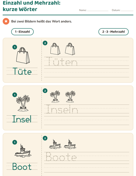 Vorschau: Einzahl und Mehrzahl-Arbeitsblatt mit Strand SW 2 für Kindergarten