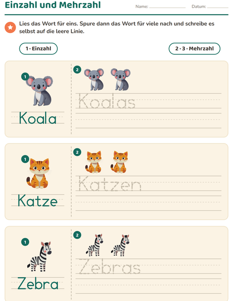 Vorschau: Einzahl und Mehrzahl-Arbeitsblatt mit Tiere für Kindergarten