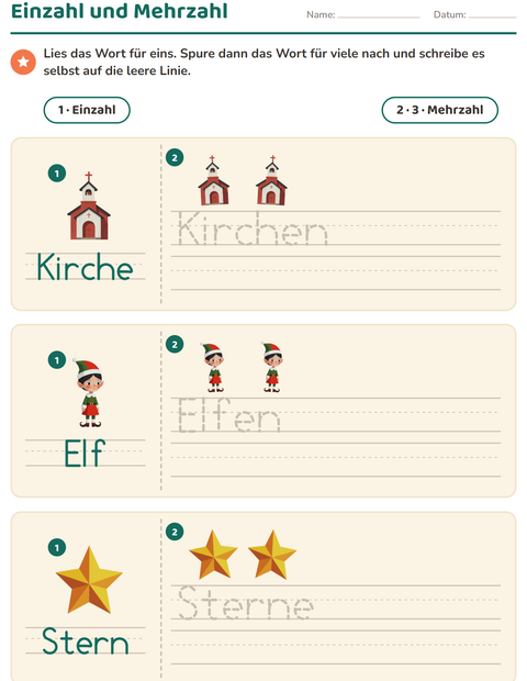Vorschau: Einzahl und Mehrzahl-Arbeitsblatt mit Weihnachten für Kindergarten