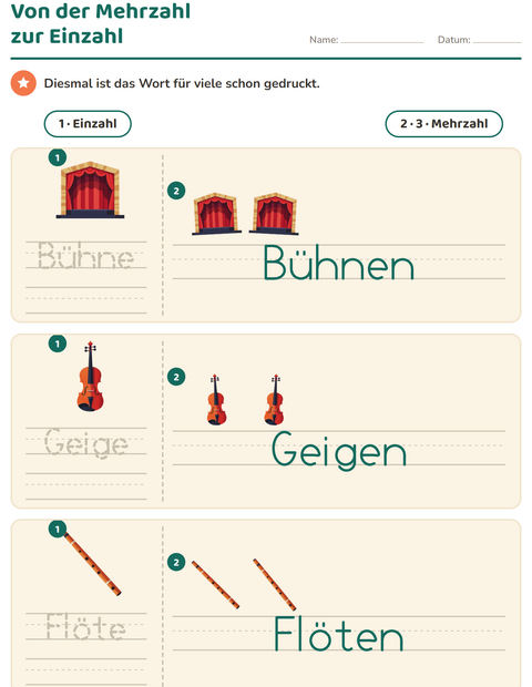 Vorschau: Einzahl und Mehrzahl-Arbeitsblatt mit Musik für Kindergarten