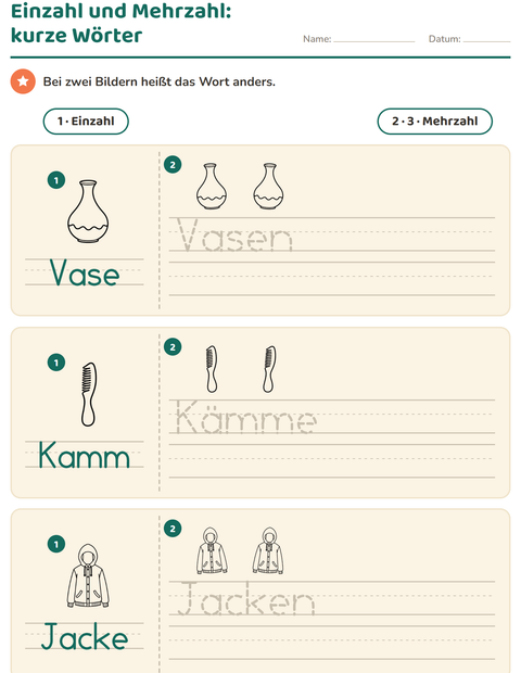 Vorschau: Einzahl und Mehrzahl-Arbeitsblatt mit Objekte SW für Kindergarten