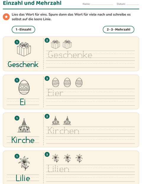 Vorschau: Einzahl und Mehrzahl-Arbeitsblatt mit Ostern SW 2 für Kindergarten