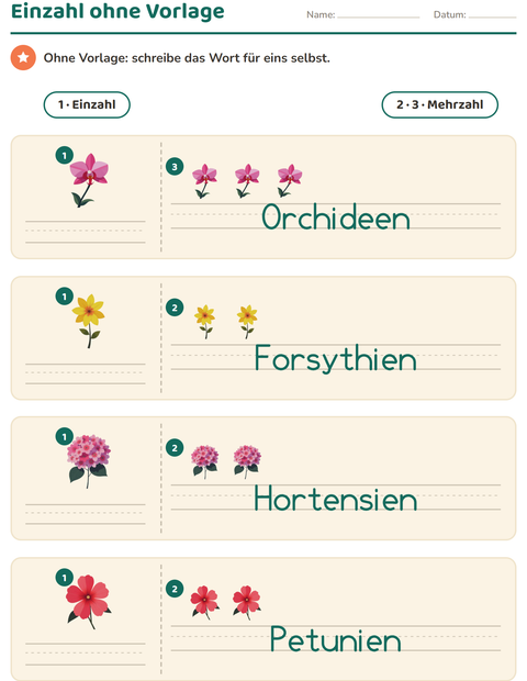 Vorschau: Einzahl und Mehrzahl-Arbeitsblatt mit Blumen für Kindergarten