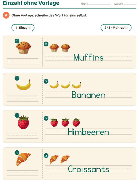 Vorschau: Einzahl und Mehrzahl-Arbeitsblatt mit Frühstück für Kindergarten