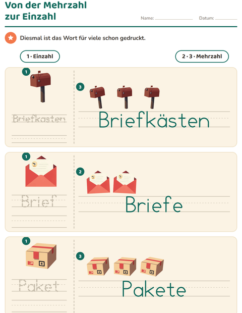 Vorschau: Einzahl und Mehrzahl-Arbeitsblatt mit Postamt für Kindergarten