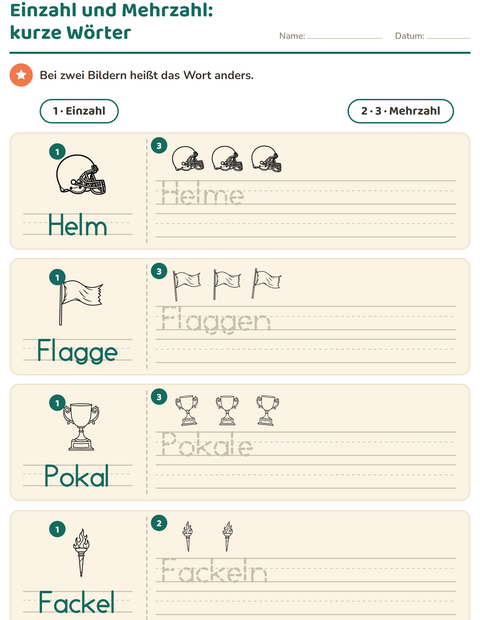 Vorschau: Einzahl und Mehrzahl-Arbeitsblatt mit Sport SW 2 für Kindergarten