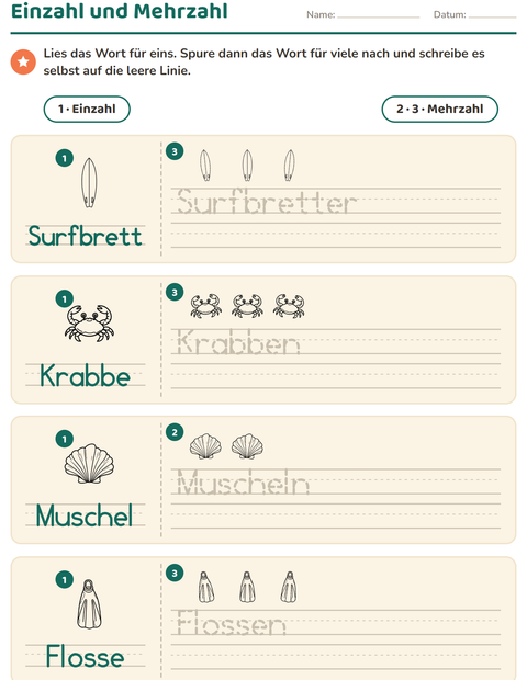 Vorschau: Einzahl und Mehrzahl-Arbeitsblatt mit Strand SW für Kindergarten