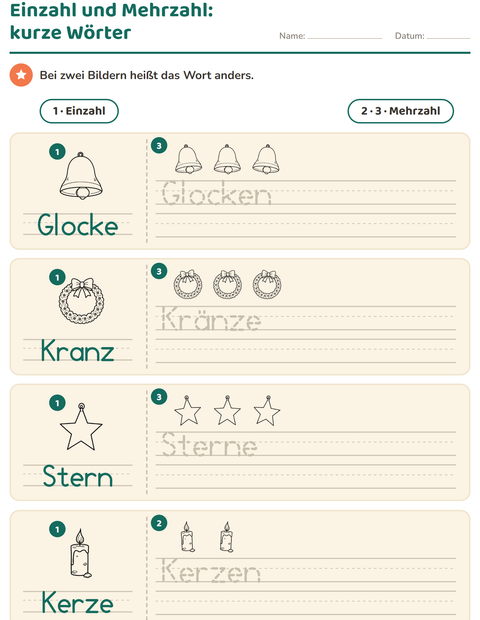 Vorschau: Einzahl und Mehrzahl-Arbeitsblatt mit Weihnachten S/W für Kindergarten